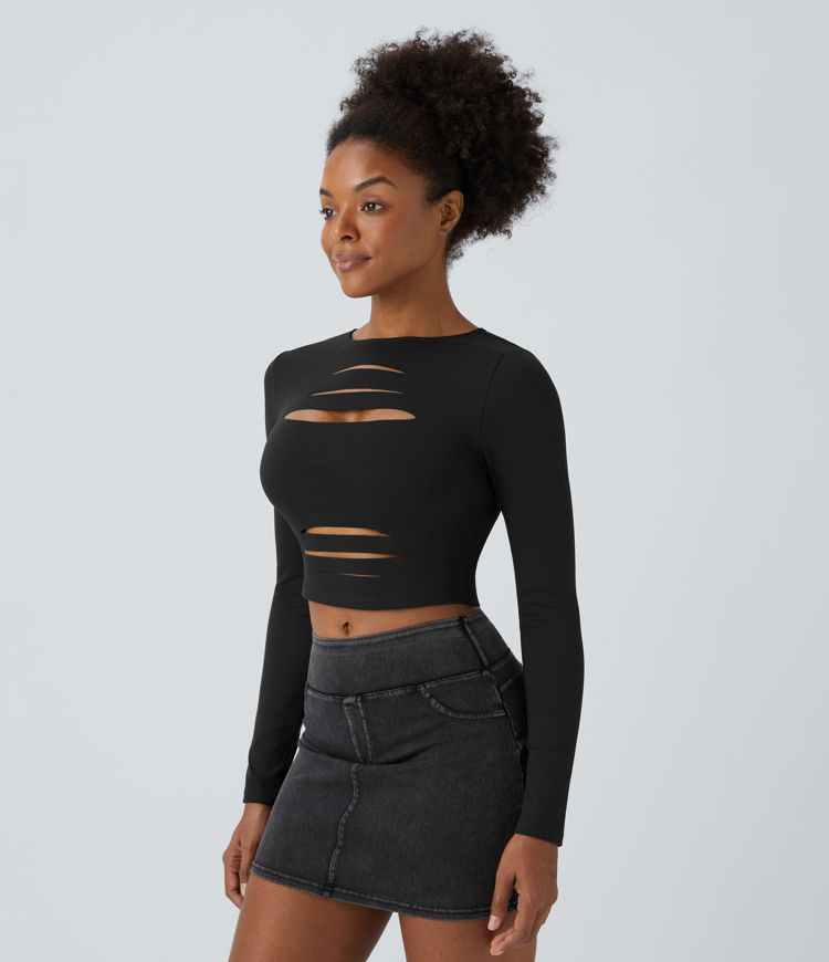 Round Neck Long Sleeve Cut Out Ripped Skinny Cropped Casual Top