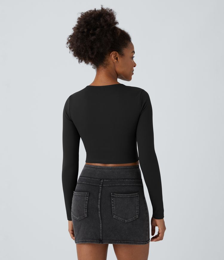 Round Neck Long Sleeve Cut Out Ripped Skinny Cropped Casual Top
