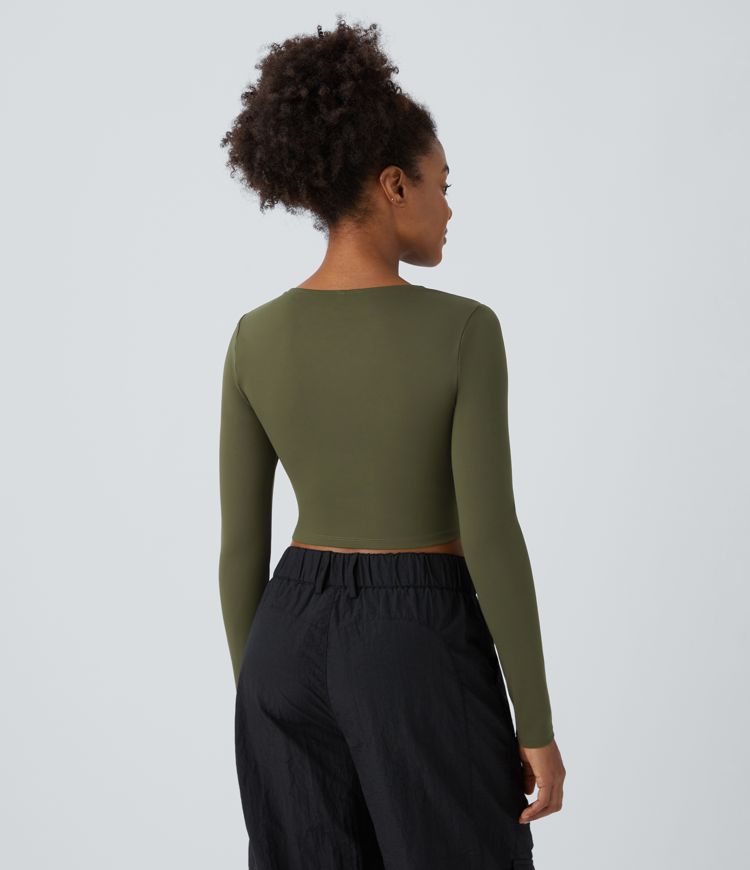 Round Neck Long Sleeve Cut Out Ripped Skinny Cropped Casual Top
