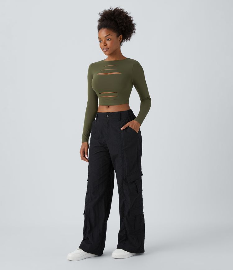 Round Neck Long Sleeve Cut Out Ripped Skinny Cropped Casual Top