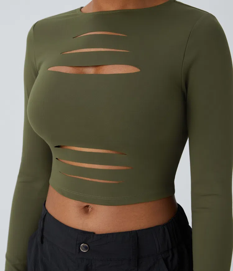 Round neck long sleeve cut out ripped skinny crop casual top