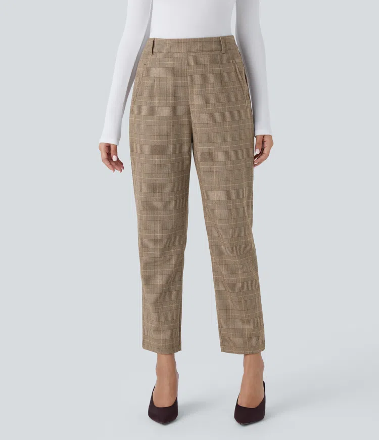 High waist invisible zipper side pockets straight houndstooth work look pants