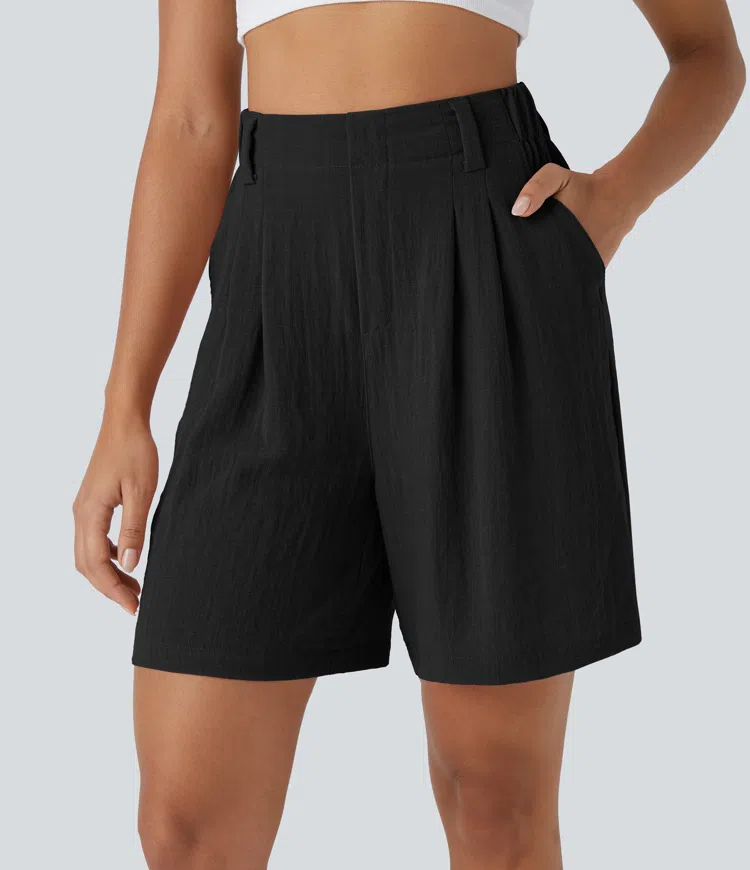 High Waisted Pocket Wide Leg Casual Linen-Feel Bermuda Shorts