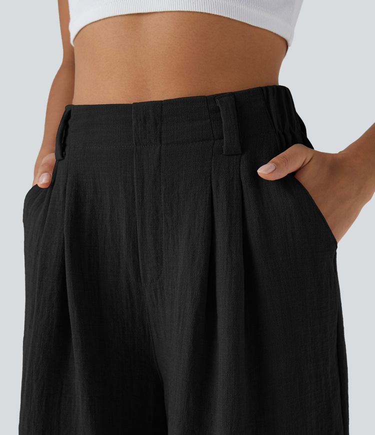 Bermudas casuales anchas con tacto de lino de tiro alto, bolsillo lateral plisado