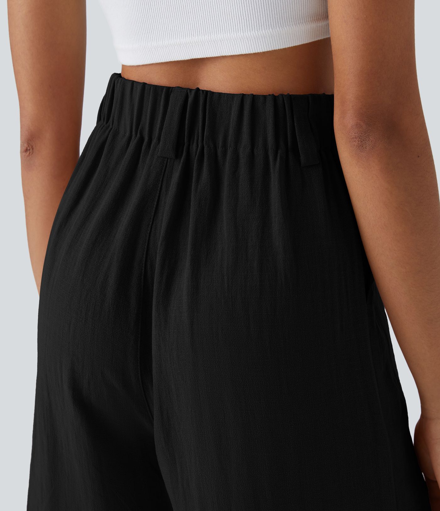 High Waisted Pocket Wide Leg Women Casual Linen-Feel Bermuda Shorts