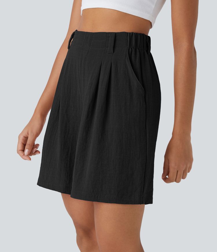 Bermudas casuales anchas con tacto de lino de tiro alto, bolsillo lateral plisado