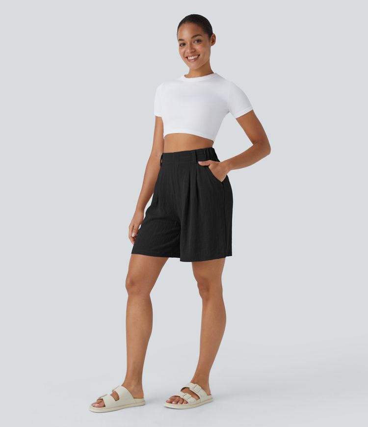 Bermudas casuales anchas con tacto de lino de tiro alto, bolsillo lateral plisado