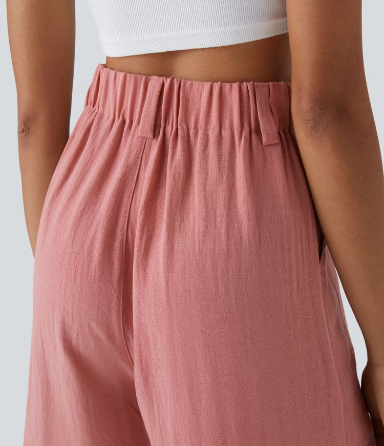 Bermuda Large Fluide Taille Haute avec Plis et Poches Latérales en Lin Synthétique