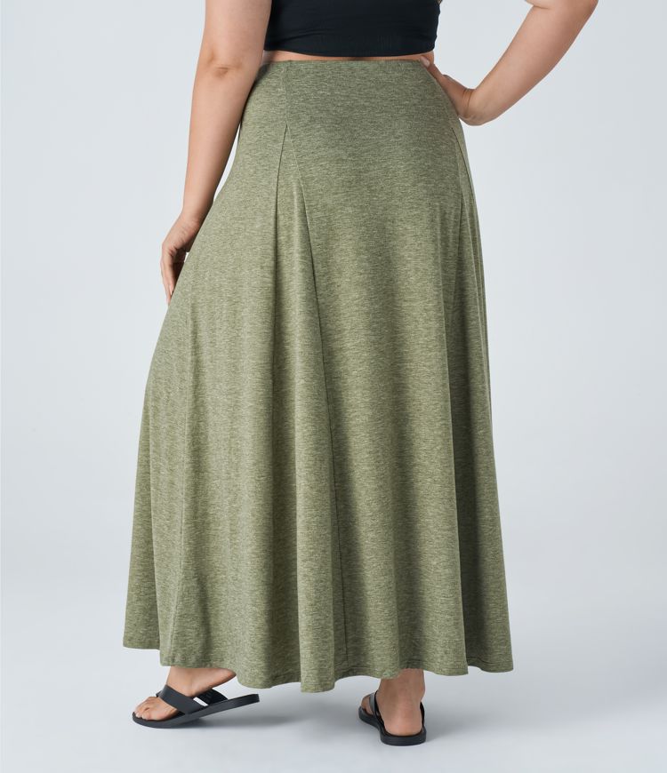 High Waisted Side Zipper Maxi Flare Casual Plus Size Skirt