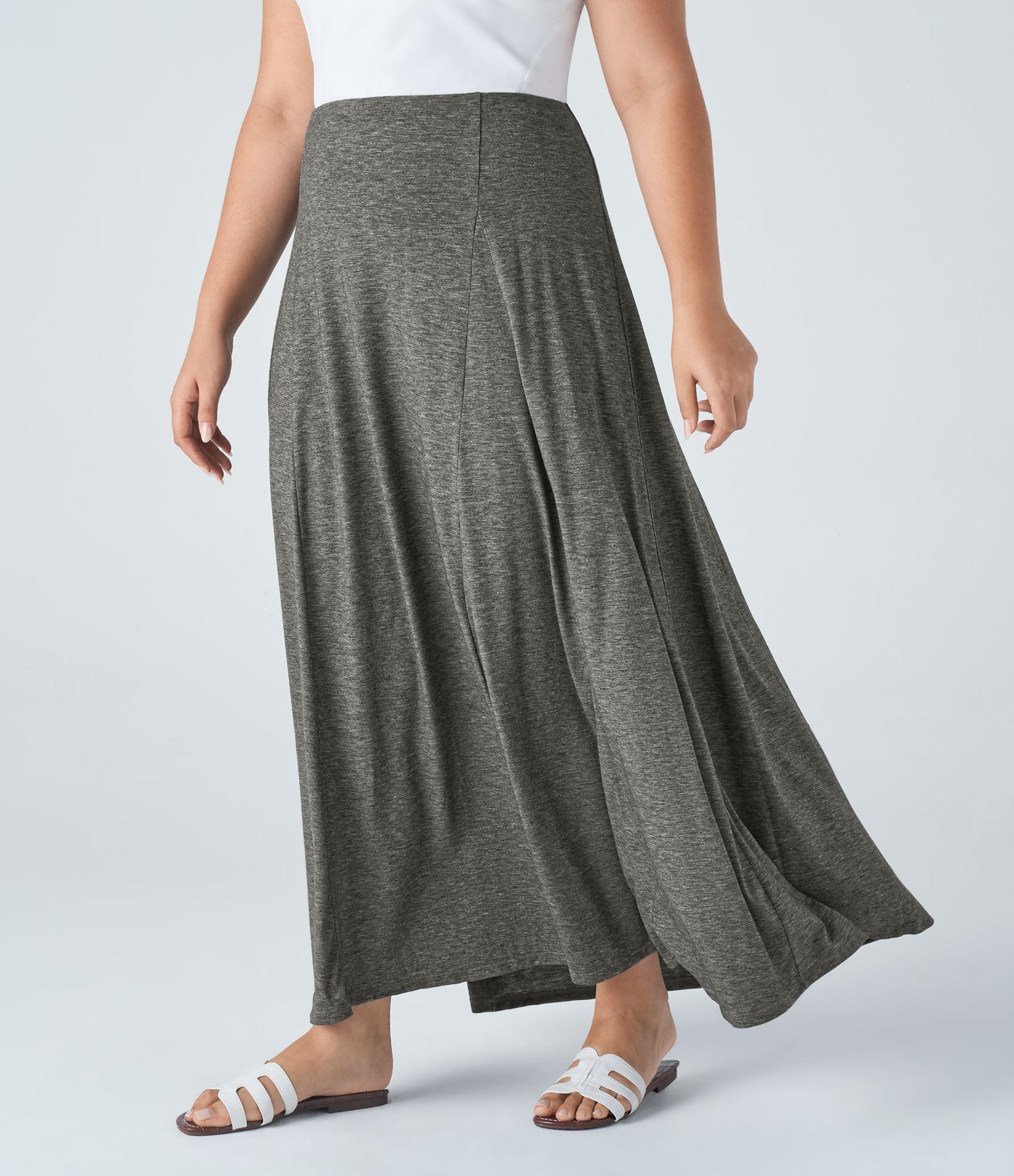 Jupe Maxi Flare Casual Taille Haute avec Fermeture Éclair Latérale Grande Taille
