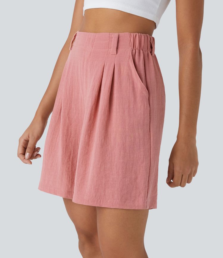 Bermuda Large Fluide Taille Haute avec Plis et Poches Latérales en Lin Synthétique