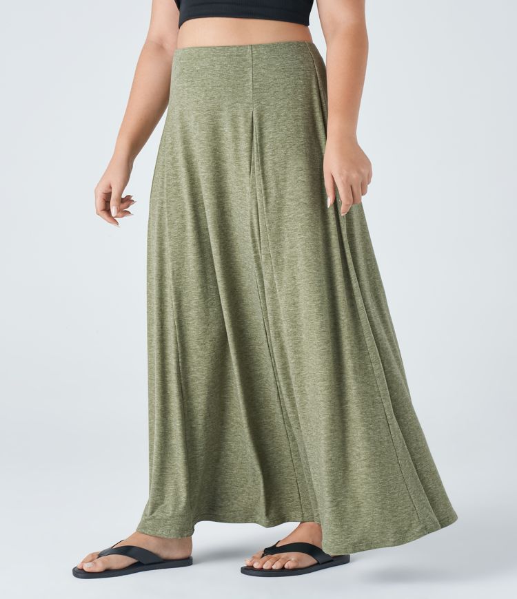High Waisted Side Zipper Maxi Flare Casual Plus Size Skirt