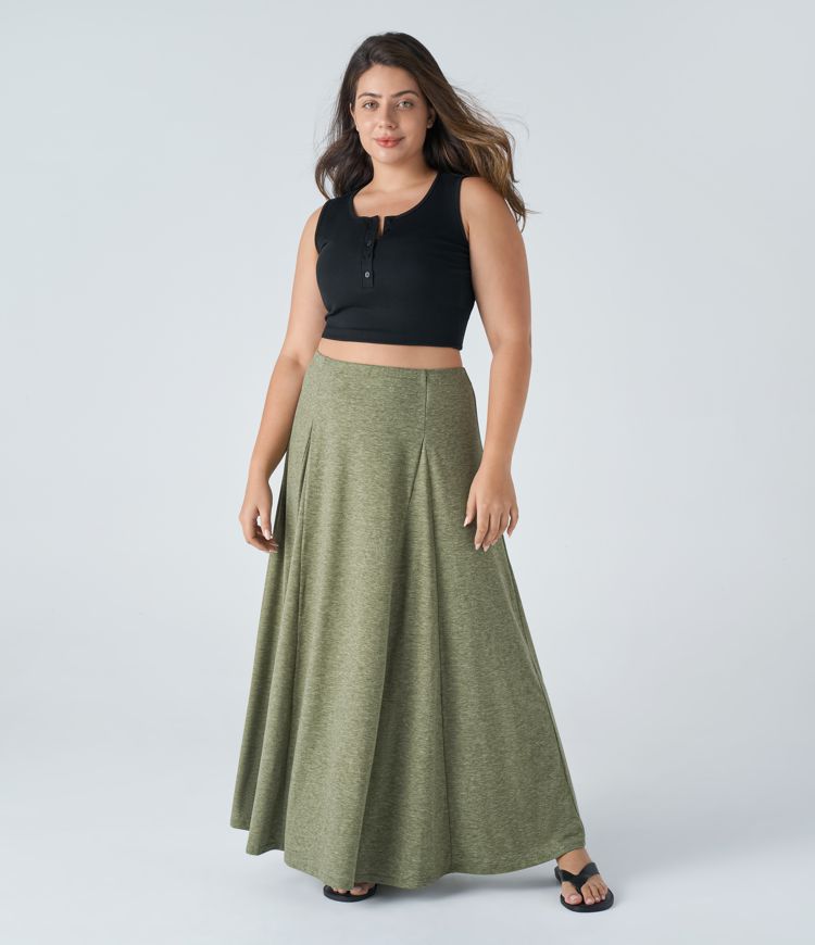 High Waisted Side Zipper Maxi Flare Casual Plus Size Skirt