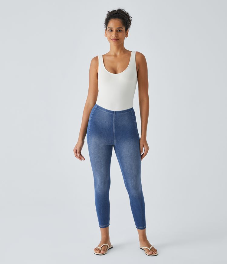 Halara Flex™ Pull-On Mid-Rise Back Pocket Stretch Knit Denim Casual 7/8 Leggings