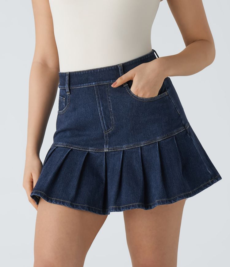 Falda mini Halara Flex™ Denim mezclilla elástico lavado plisada múltiple bolsillos tiro alto
