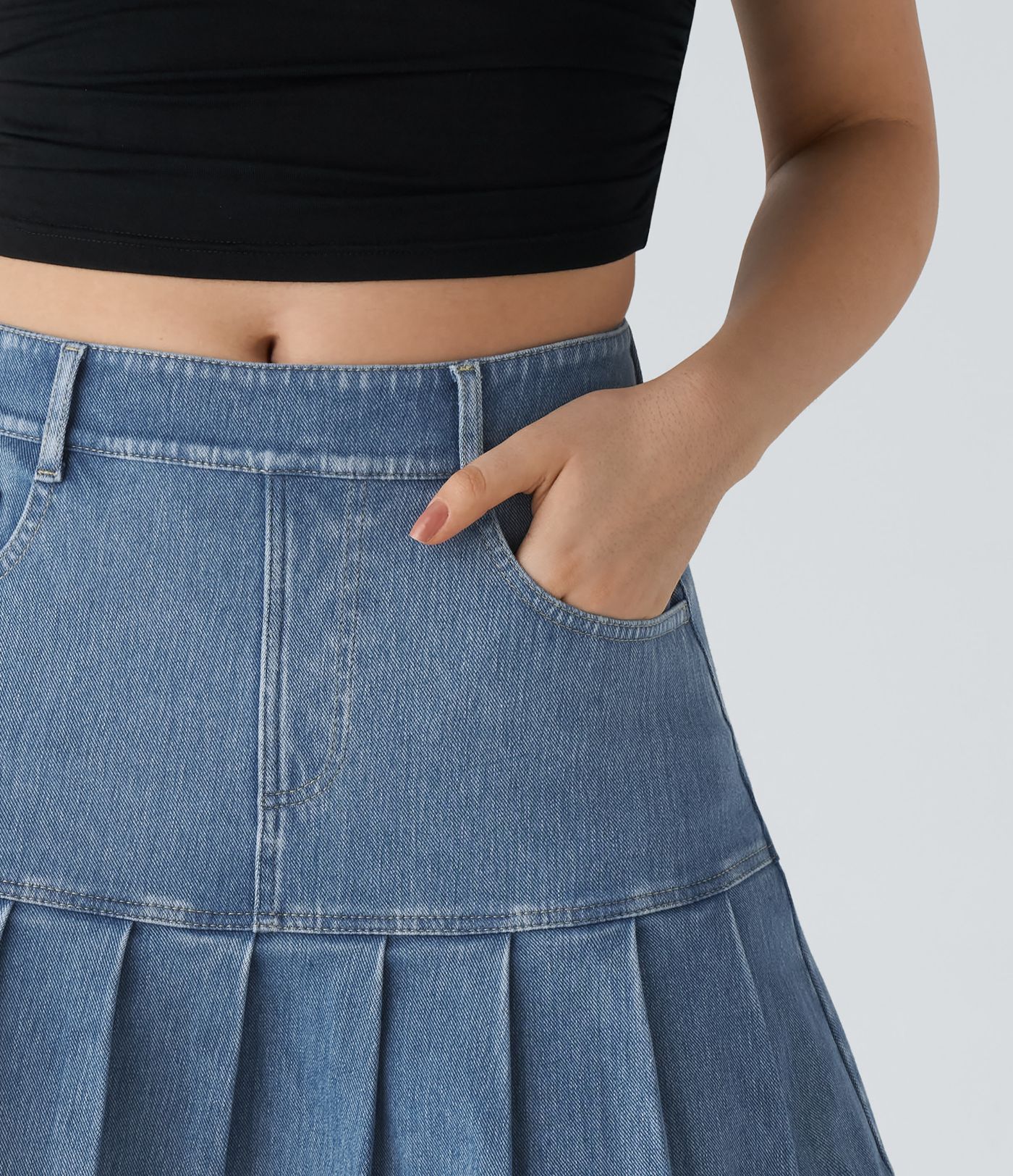 Halara Flex™ Jupe en Jean Casual Tricot Extensible Lavé à Taille Haute avec Multiples Poches et Plis Mini