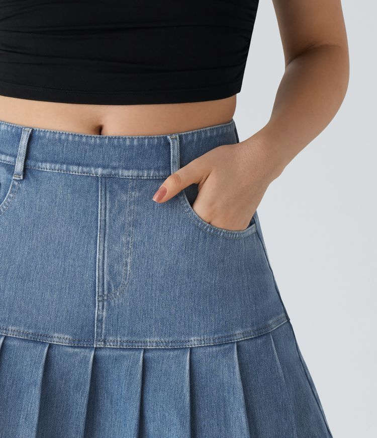 Halara Flex™ Jupe en Jean Casual Tricot Extensible Lavé à Taille Haute avec Multiples Poches et Plis Mini
