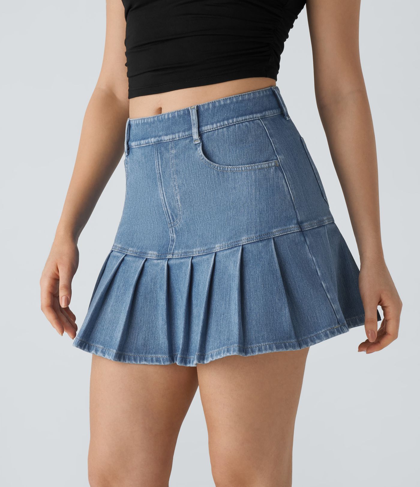 Halara Flex™ Jupe en Jean Casual Tricot Extensible Lavé à Taille Haute avec Multiples Poches et Plis Mini