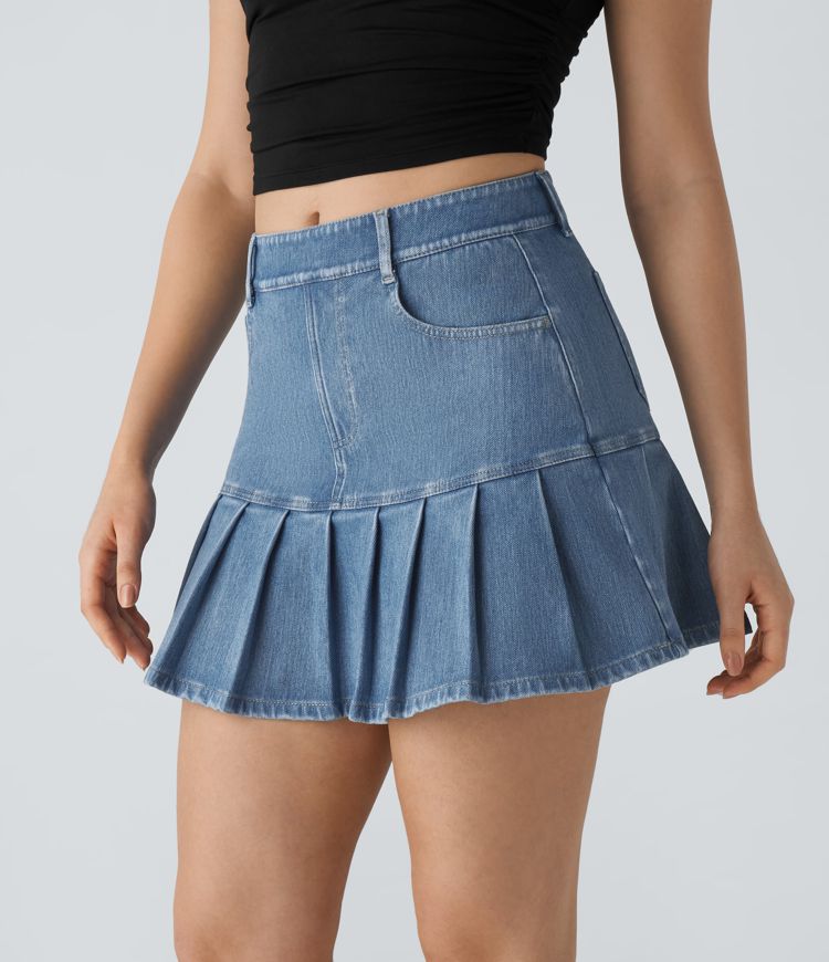 Halara Flex™ Jupe en Jean Casual Tricot Extensible Lavé à Taille Haute avec Multiples Poches et Plis Mini
