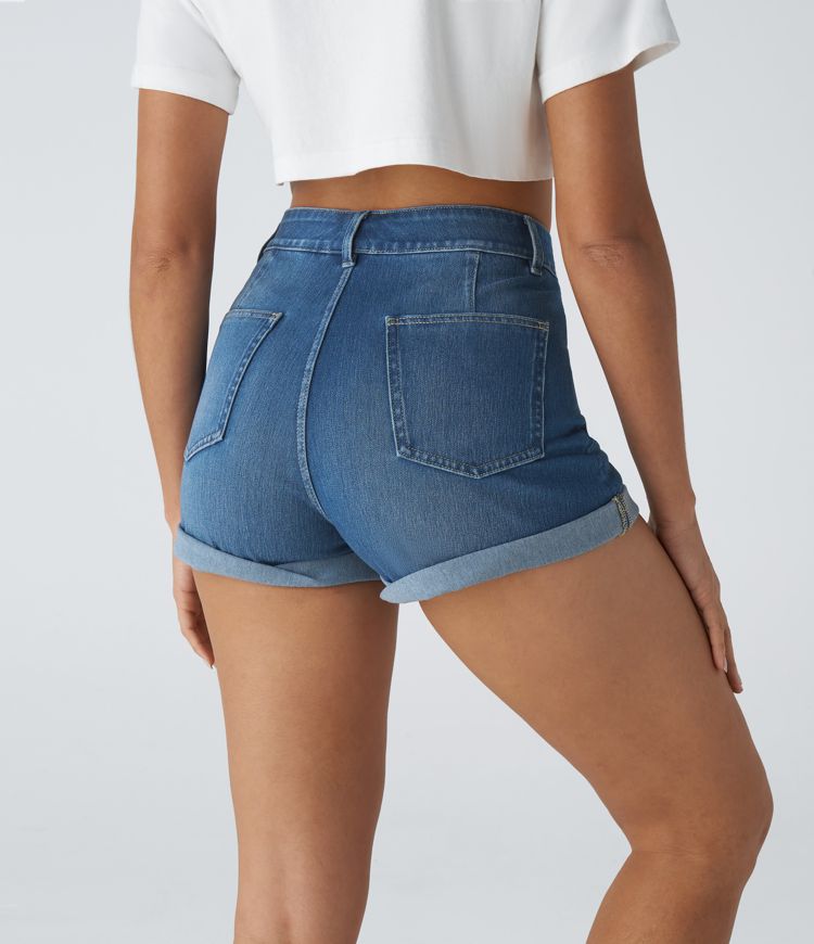 Halara Flex™ High Waisted Multiple Pockets Rolled Hem Washed Stretchy Knit Denim Casual Shorts