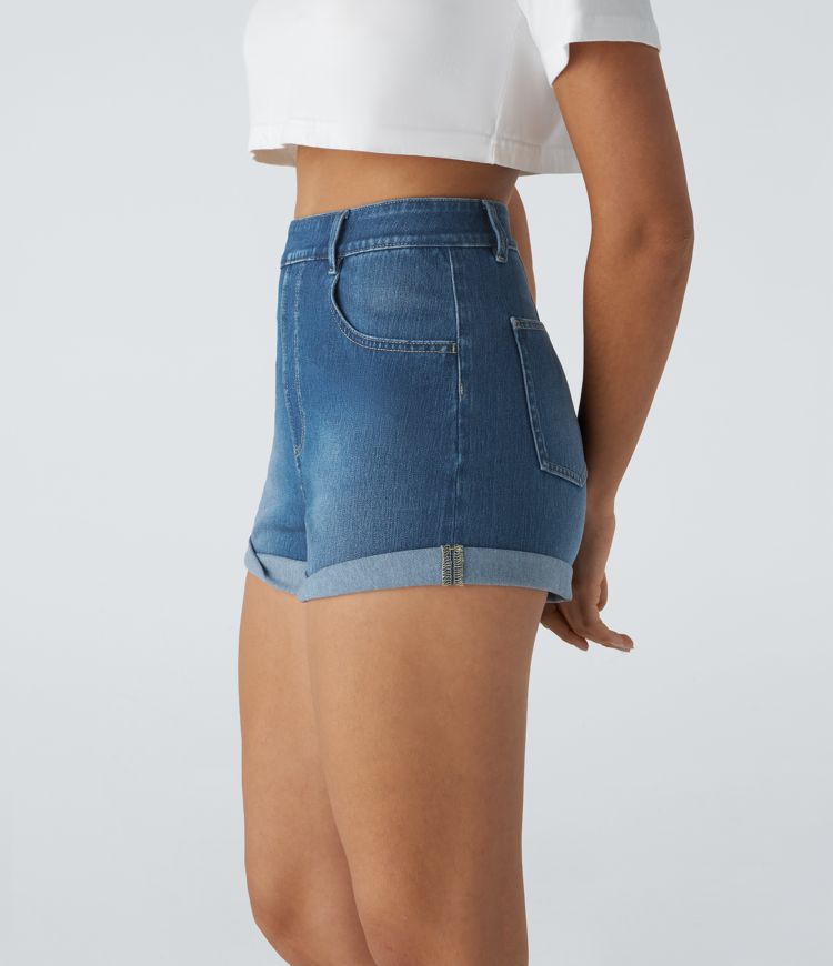 Halara Flex™ High Waisted Multiple Pockets Rolled Hem Washed Stretchy Knit Denim Casual Shorts