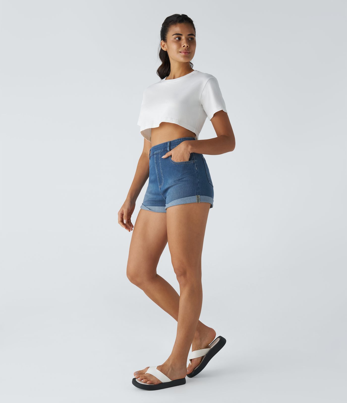 Halara Flex™ High-Waist Multipocket Rolled Hem Washed Stretch Knit Denim Casual Shorts