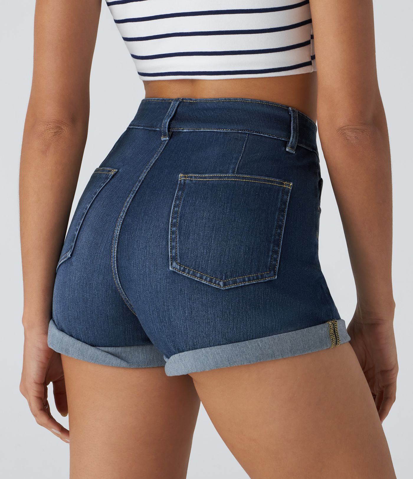 Halara Flex™ High Waisted Pockets Rolled Hem Washed Denim Casual Shorts