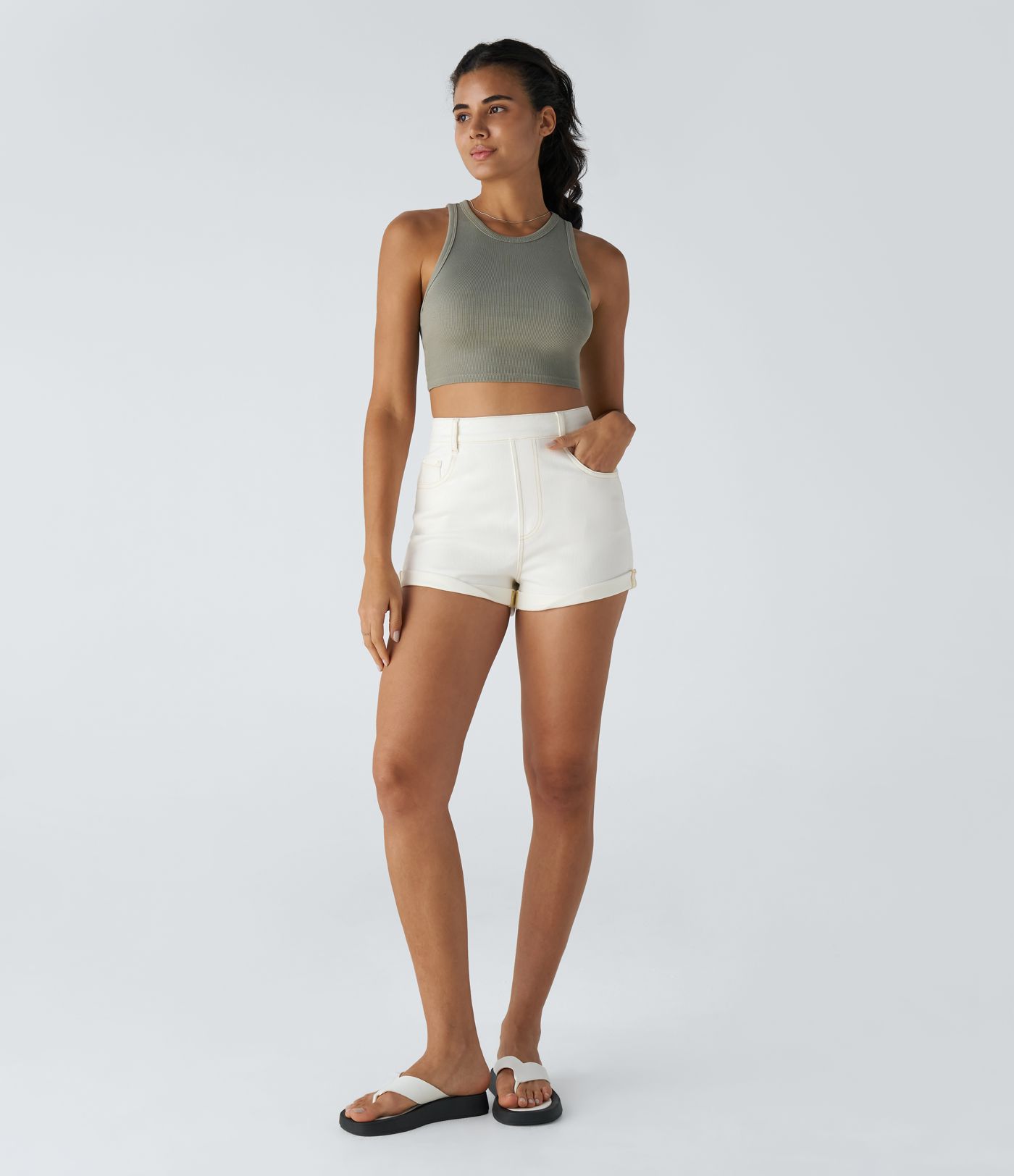 Halara Flex™ High Waist Multiple Pocket Rolled Hem Knit Denim Casual Shorts