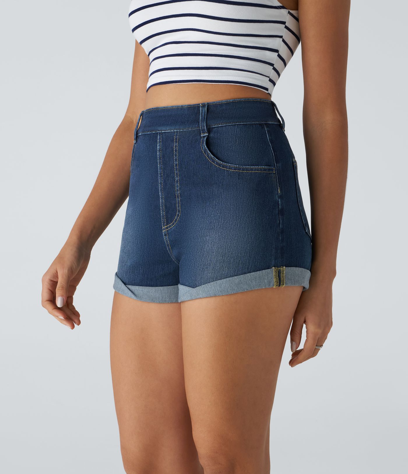 Halara Flex™ High Waisted Pockets Rolled Hem Washed Denim Casual Shorts