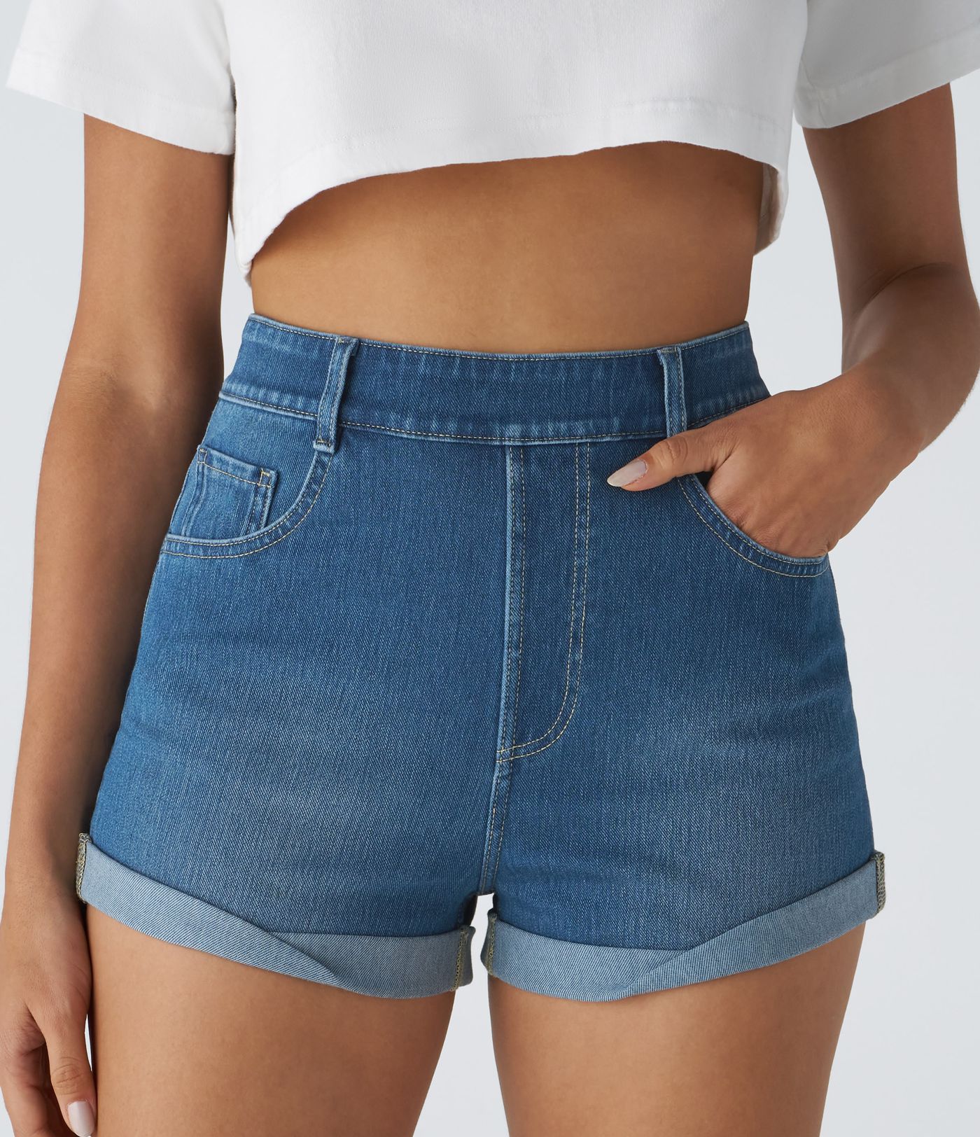 Halara Flex™ High-Waist Multipocket Rolled Hem Washed Stretch Knit Denim Casual Shorts