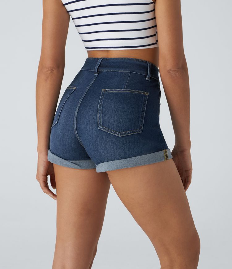 Halara Flex™ High Waisted Pockets Rolled Hem Washed Denim Casual Shorts