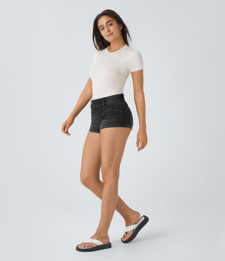 Halara Flex™ Mid-Rise Stretch Knit Denim Casual Shorts with Backside Pockets
