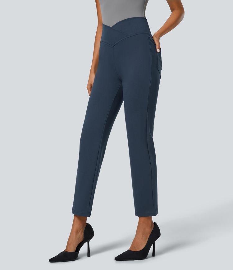 Halara Flex™ Crossover High Waisted Back Pocket Slim Ankle Length Work Trousers