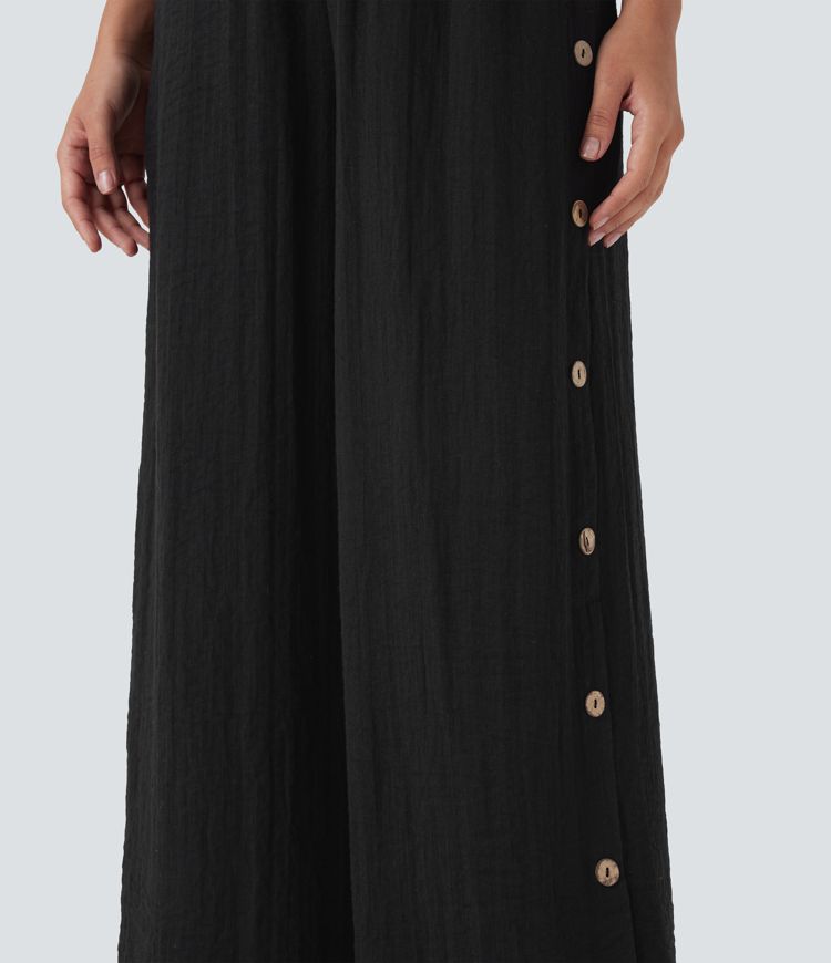 Lässige 7/8-Hose mit weitem Bein und hoher Taille, Seitentaschen und dekorativen Knöpfen