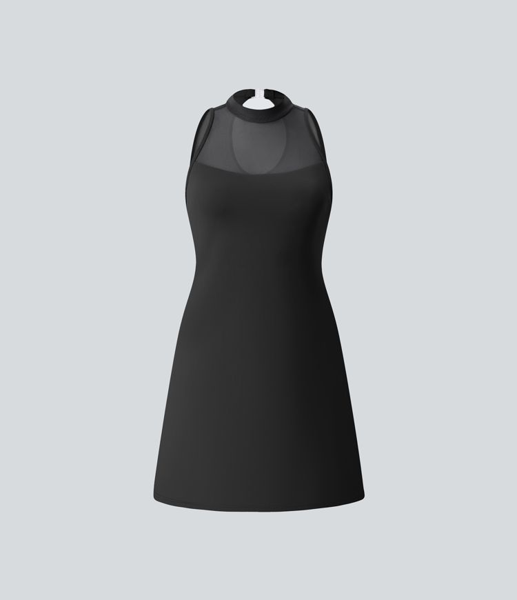 Contrast Mesh Buckle Backless Split 2-in-1 Side Pocket Dance Active Dress - Easy Peasy Edition