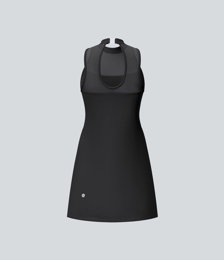 Contrast Mesh Buckle Backless Split 2-in-1 Side Pocket Dance Active Dress - Easy Peasy Edition