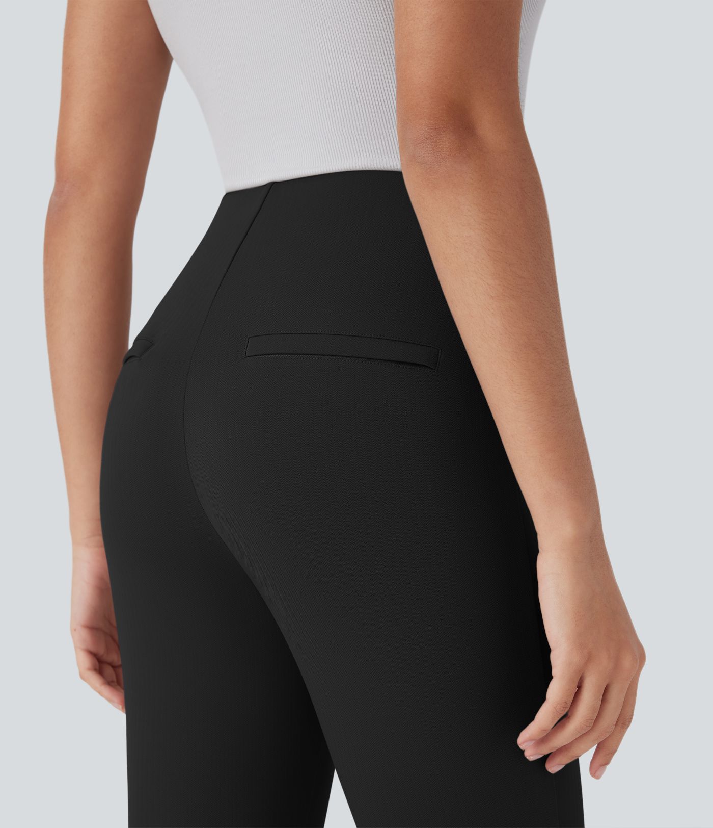SoCinched Højtaljede mavekontrol-leggings med dekorative lynlåslommer bagpå, fiskebenmønster, egnede til arbejde, capri-længde