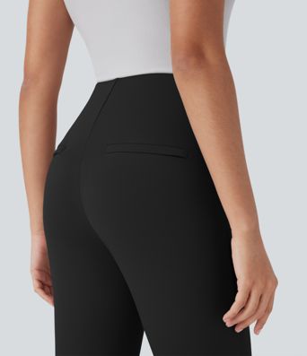 SoCinched Højtaljede mavekontrol-leggings med dekorative lynlåslommer bagpå, fiskebenmønster, egnede til arbejde, capri-længde