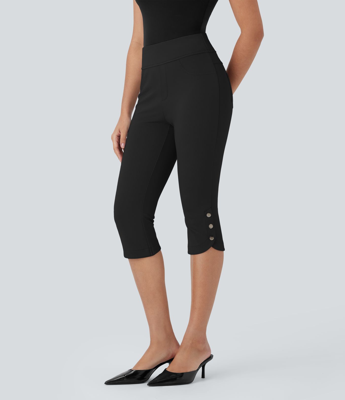 High Waisted Back Pocket Snap Button Work Cropped Capri Trousers