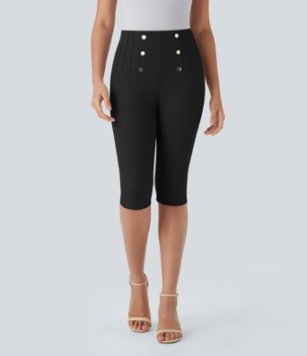 SoCinched Højtaljede mavekontrol-leggings med dekorative lynlåslommer bagpå, fiskebenmønster, egnede til arbejde, capri-længde