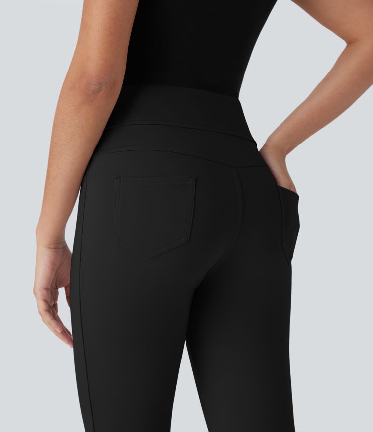 High Waisted Back Pocket Snap Button Work Cropped Capri Trousers