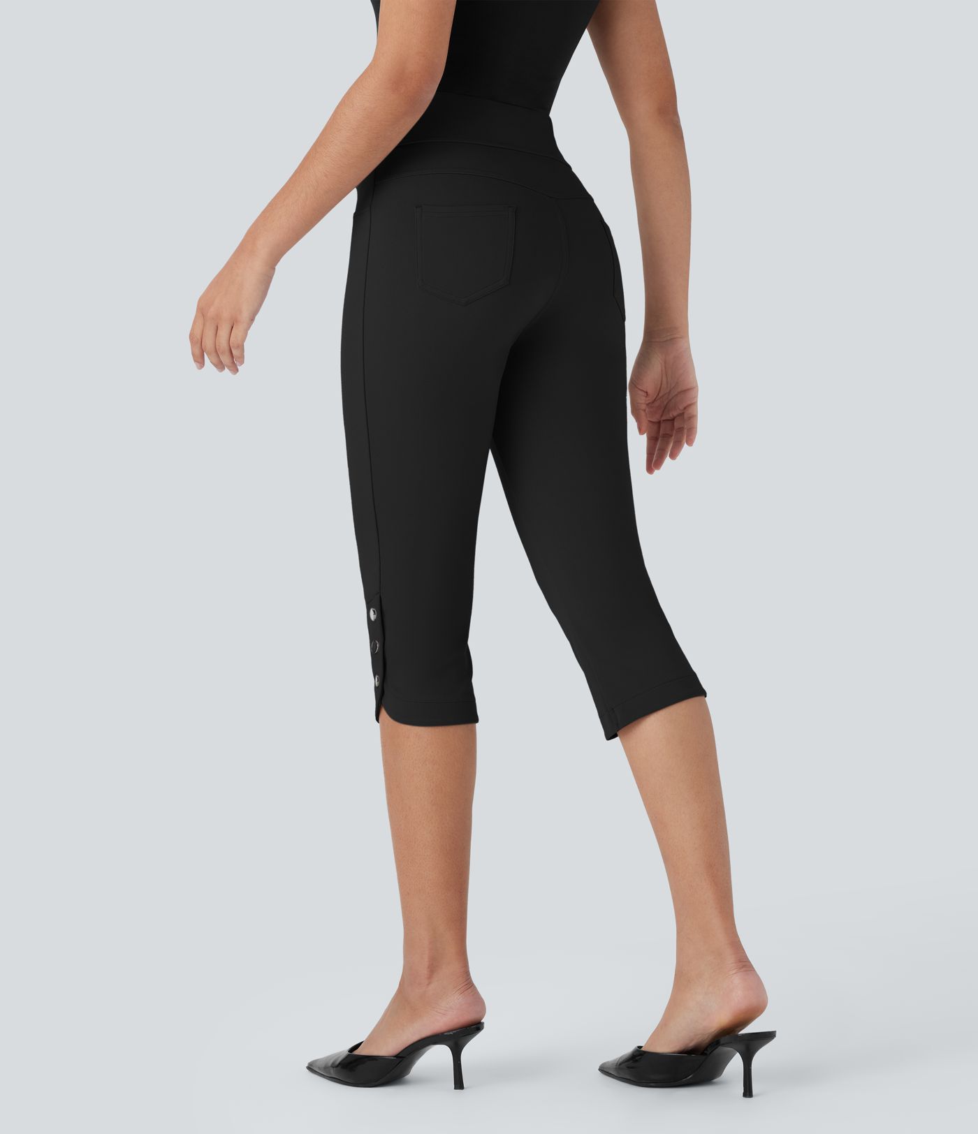 High Waisted Back Pocket Snap Button Work Cropped Capri Trousers