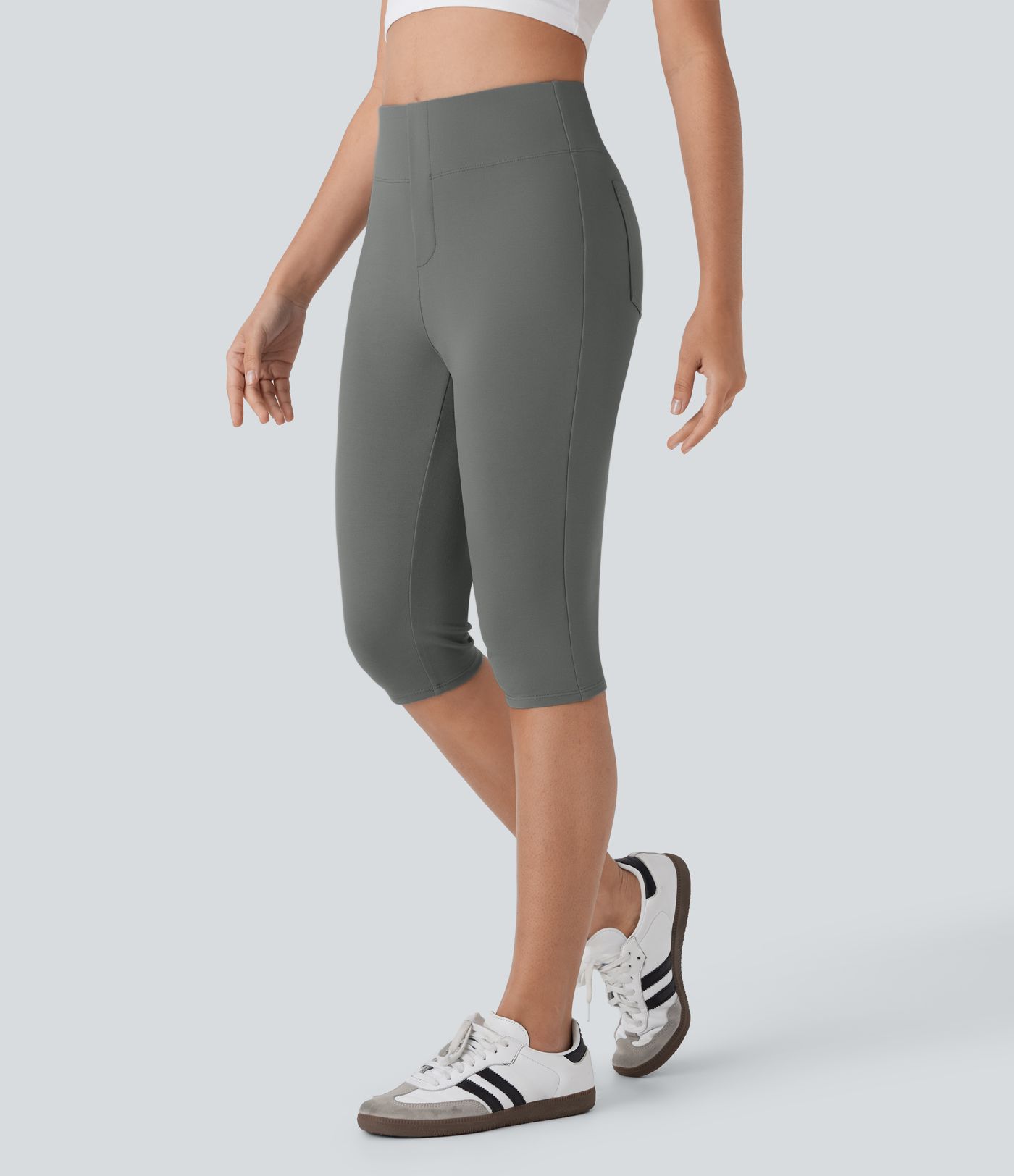 Pantalones pirata casuales de tiro alto con bolsillos