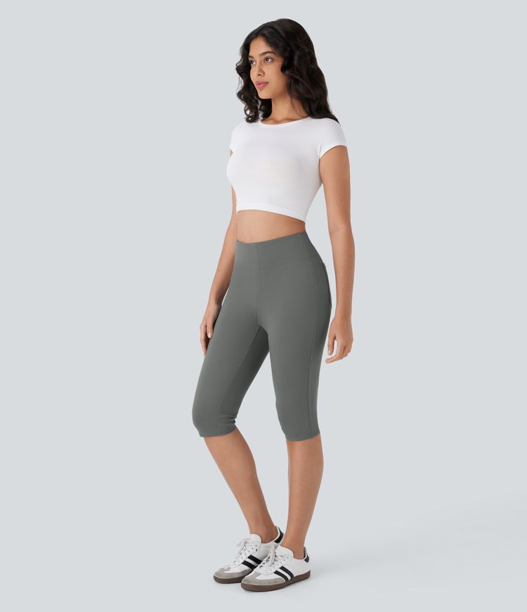 Pantalones pirata casuales de tiro alto con bolsillos