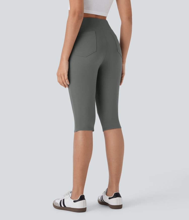 Pantalones pirata casuales de tiro alto con bolsillos