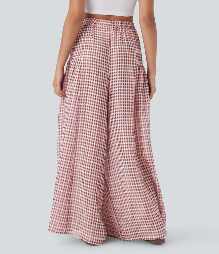 High Waisted Side Pocket Wide Leg Flowy Plaid Casual Pants