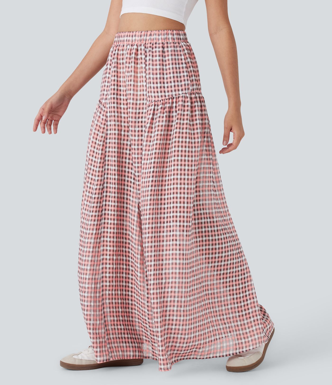 Pantalon décontracté à carreaux taille haute coupe ample avec poches latérales