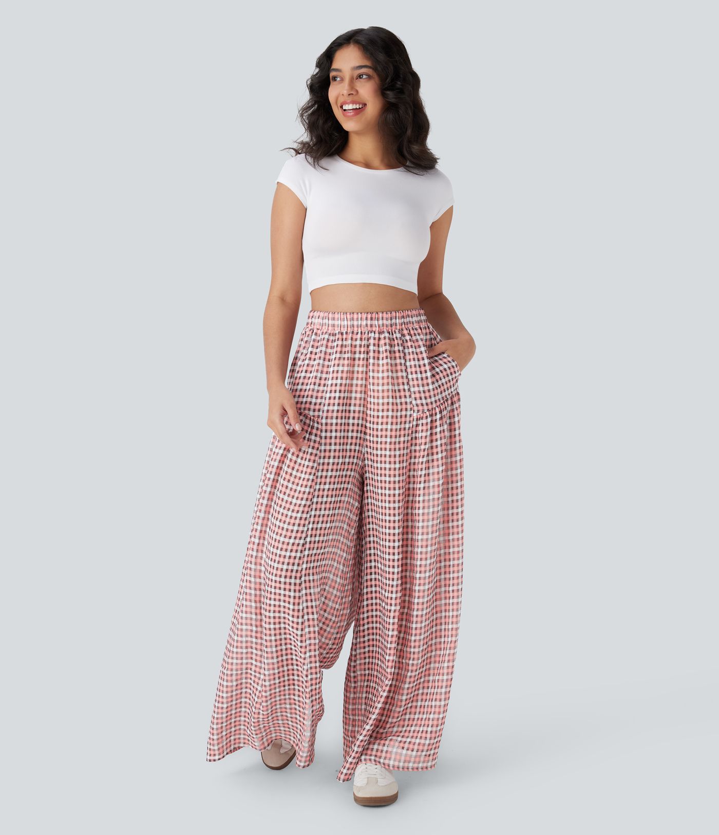 Pantalon décontracté à carreaux taille haute coupe ample avec poches latérales