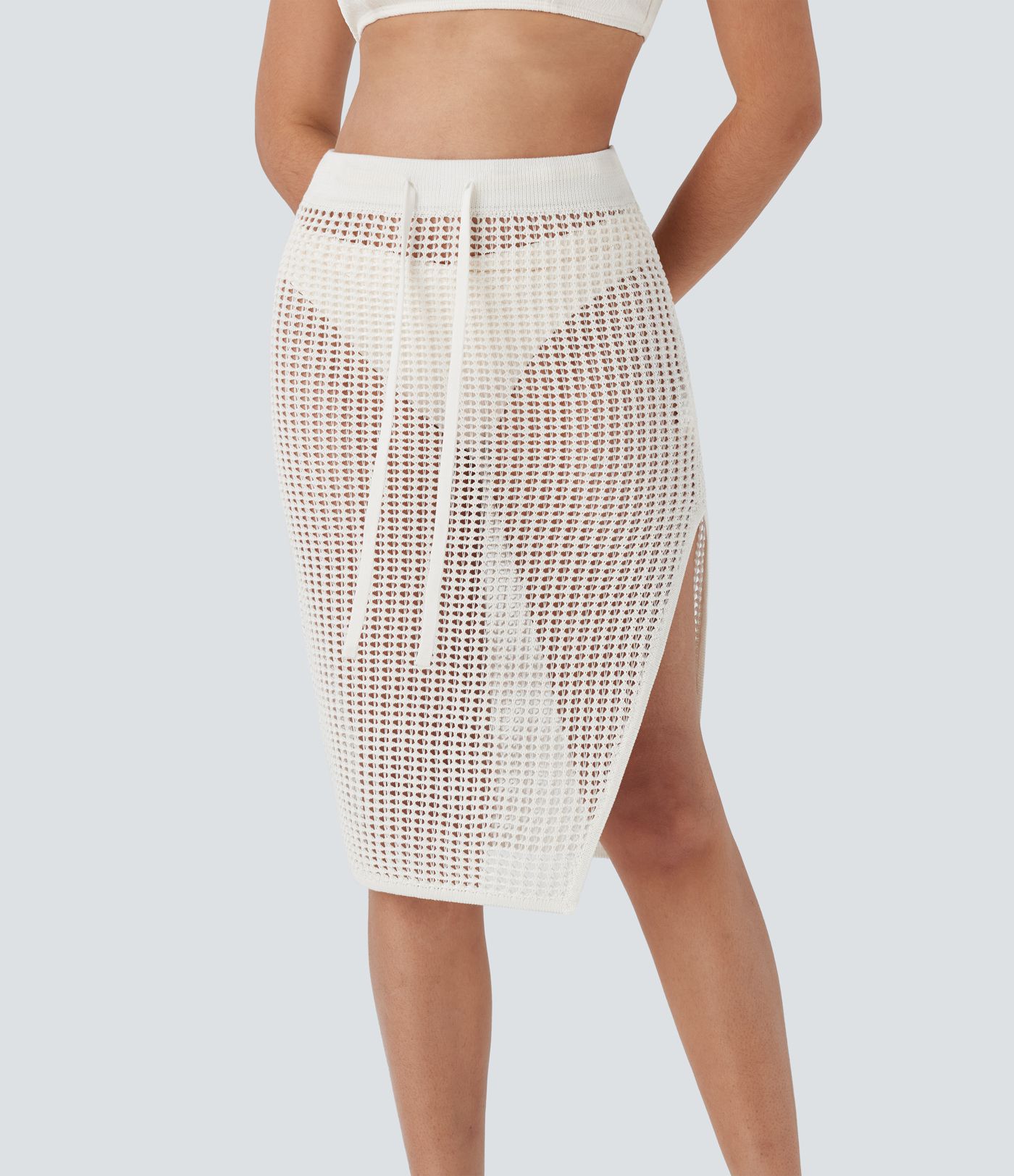 Midi-Resort-Rock mit hoher Taille, Kordelzug, Schlitz und Cut-Out