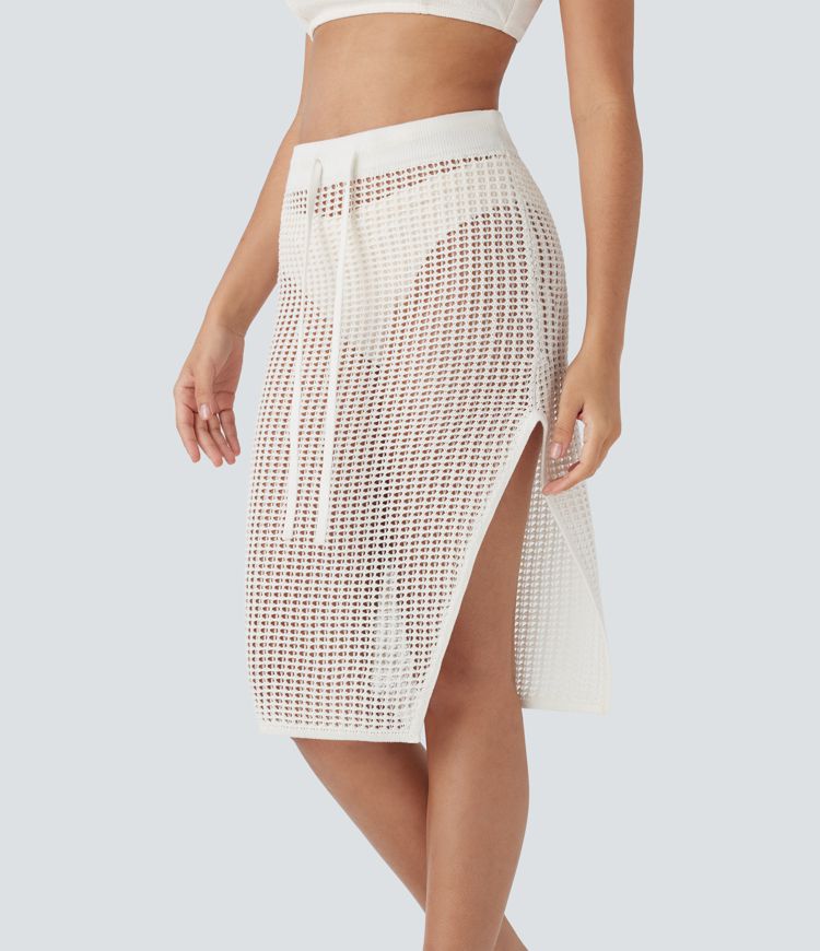 Midi-Resort-Rock mit hoher Taille, Kordelzug, Schlitz und Cut-Out